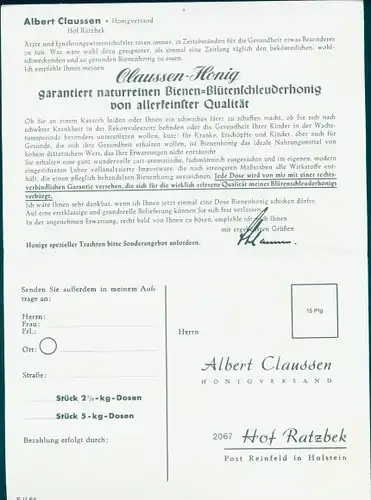 Klapp Ak Claussen Honig, Albert Claussen Honigversand, Hof Ratzbek in Holstein