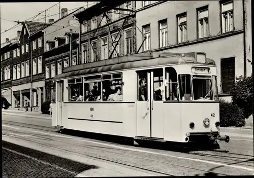 Ak 75 Jahre Straßenbahn Nordhausen, Tw 42 Richtung Bahnhof, Haltestelle August Bebel Platz