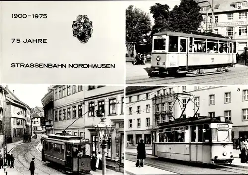 Ak 75 Jahre Straßenbahn Nordhausen 1975, Tw 5, Tw 25, Tw 47, Arnoldstraße, Töpferstraße