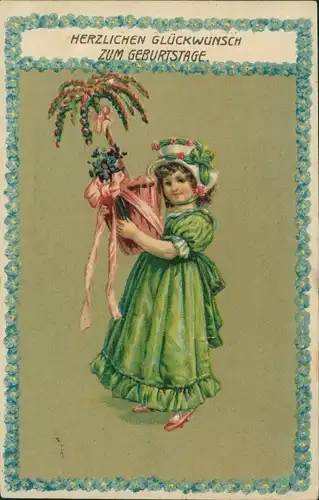 Präge Ak Glückwunsch Geburtstag, Mädchen in grünem Kleid, Blumen
