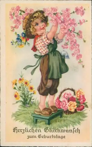 Ak Glückwunsch Geburtstag, Mädchen pflückt Blumen, Blühender Baum