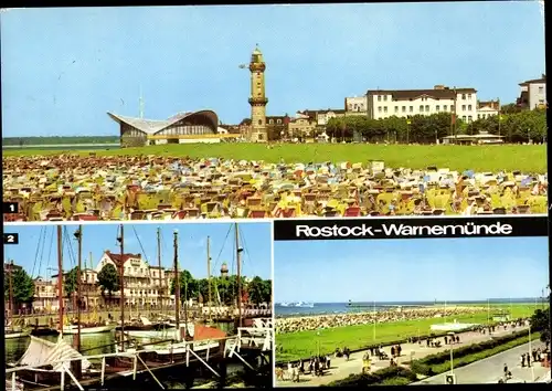Ak Ostseebad Warnemünde Rostock, Strand, Gaststätte Teepott, Leuchtturm, HO Cafe Atlantic