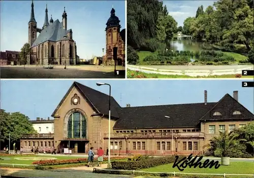 Ak Köthen in Anhalt, Marktplatz, Rathaus, Hubertusteich, Bahnhof