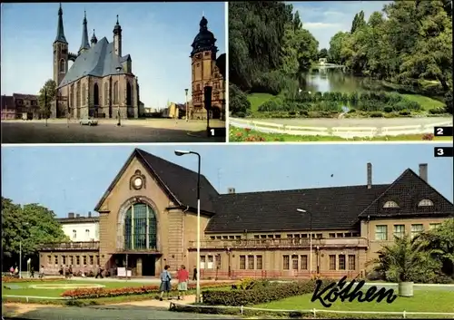 Ak Köthen in Anhalt, Marktplatz, Rathaus, Hubertusteich, Bahnhof