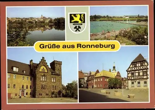 Ak Ronneburg in Thüringen, Teilansicht, Sommerbad, Schloss, Rathaus, Wappen