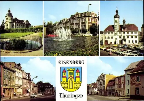 Ak Eisenberg in Thüringen, Schlosskirche, Platz der Republik, Rathaus, Trompetergasse, Wappen
