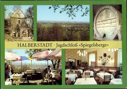 Ak Halberstadt am Harz, Jagdschloss Spiegelsberge, Freiterrasse, Gaststätte, Inneres