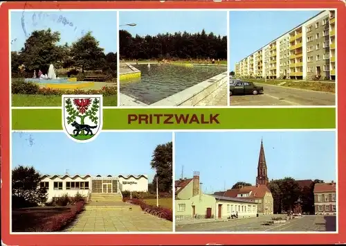 Ak Pritzwalk in der Prignitz, Springbrunnen, Platz des Friedens, Bad, Neubauten, Platz der Einheit