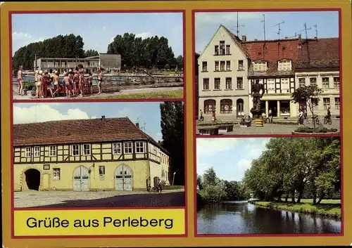 Ak Perleberg in der Prignitz, Freibad, Fachwerkhaus, Markt, Denkmal