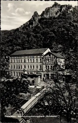 Ak Thale im Harz, Reichsbahnerholungsheim Waldkater, Brücke, Felsen