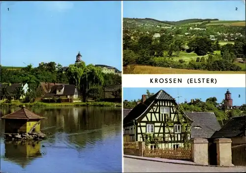 Ak Crossen an der Weißen Elster Thüringen, Teich mit Entenhaus, Blick vom Mühlberg, Schloss