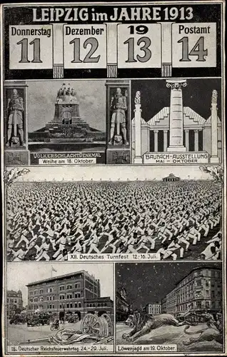 Ak Leipzig, 11.12.1913, Postamt 14, Völkerschlachtdenkmal, 12. Dt. Turnfest, Baufachausstellung