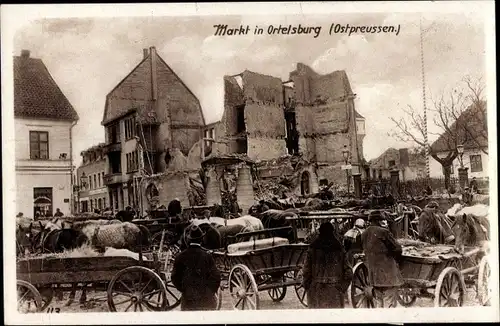 Ak Szczytno Ortelsburg Ostpreußen, Marktplatz, Kriegszerstörungen, I. WK