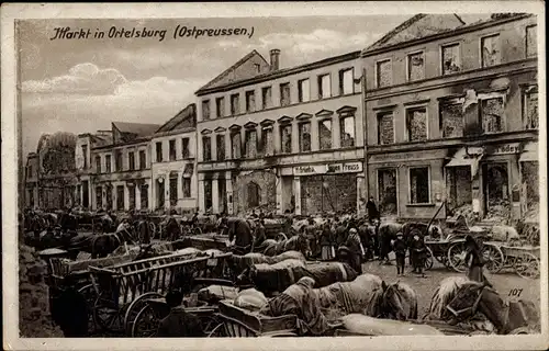 Ak Ortelsburg Ostpreußen, Markt, Pferdewagen, Ruinen