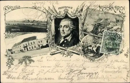 Ak Hochkirch in Sachsen, Panorama, Gasthof, Friedrich II., Schlachtszene