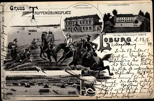 Litho Loburg Möckern in Sachsen Anhalt, Truppenübungsplatz, Kommandanturgebäude, Husar, Ulane