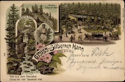 Litho Hasserode Wernigerode am Harz, Steinerne Renne, Felsen Silberner Mann, Gasthaus