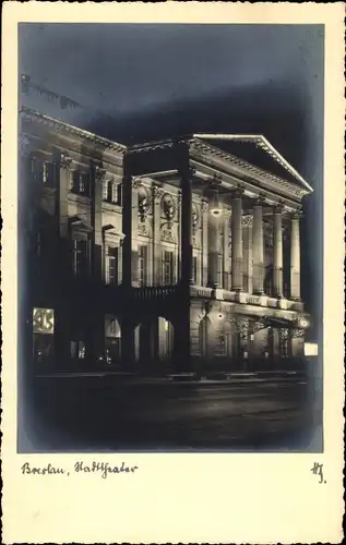 Ak Wrocław Breslau in Schlesien, Stadttheater bei Nacht