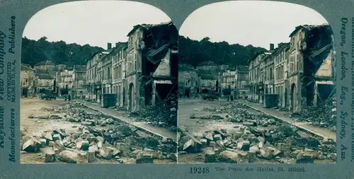 Stereo Foto Saint Mihiel Meuse, The Place des Halles, Kriegszerstörungen, I WK