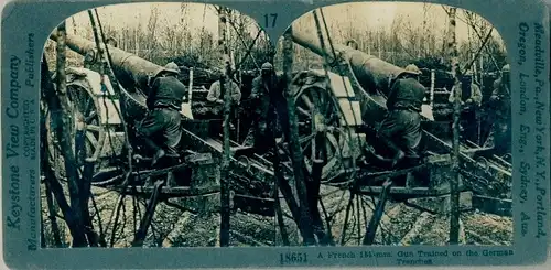 Stereo Foto A French 155 mm gun trained on the German Trenches, I WK