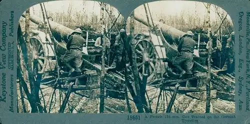 Stereo Foto A French 155 mm gun trained on German Trenches, I WK