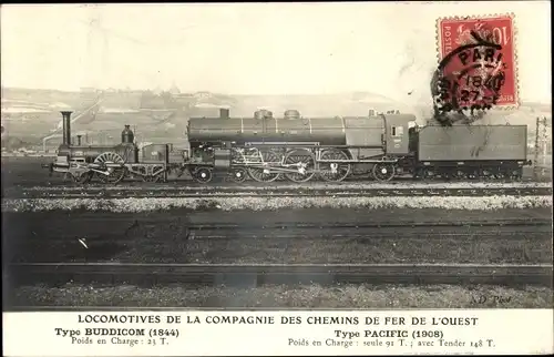Ak Französische Eisenbahn, Ouest, Type Buddicom, Type Pacific, Dampflok, Tender 148 T
