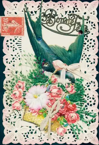 Stoff Ak Glückwunsch, Schwalbe, Blumenkorb, Post