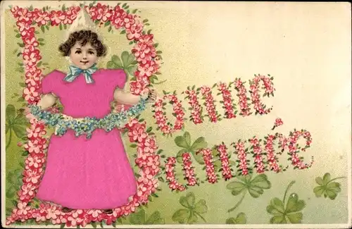 Stoff Präge Ak Glückwunsch Neujahr, Mädchen, Kleeblätter, Blüten
