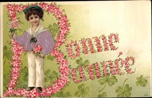 Stoff Präge Ak Glückwunsch Neujahr, Junge, Kleeblätter, Blüten