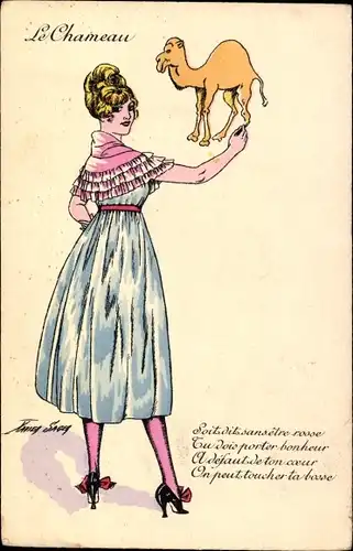 Künstler Ak Sager, Xavier, Le Chameau, Frau und Kamel