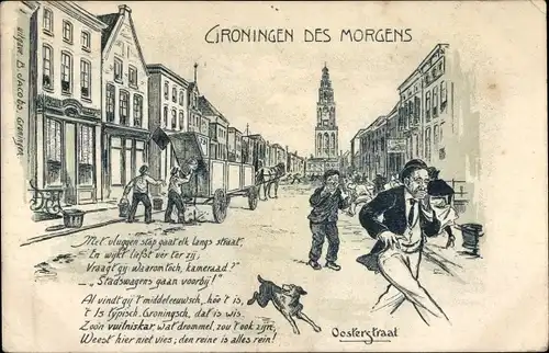 Litho Groningen Niederlande, Oosterstraat, des Morgens