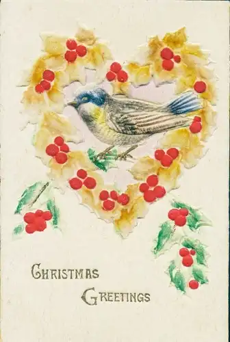 Präge Ak Glückwunsch Weihnachten, Blumen, Stechpalme, Vogel