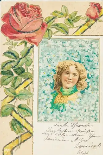 Präge Glitzer Litho Mädchen-Portrait, Vergissmeinnicht, Rosen