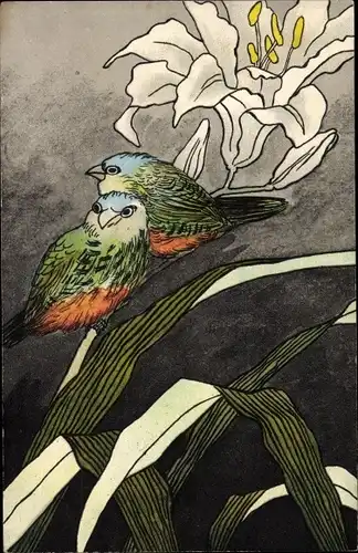 Ak Zwei Vögel, Weiße Blume