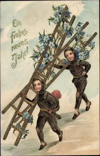 Präge Ak Glückwunsch Neujahr, Schornsteinfeger, Leiter, Vergissmeinnicht