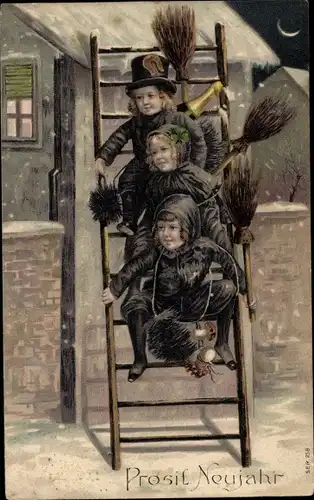 Präge Ak Glückwunsch Neujahr, Schornsteinfeger, Leiter