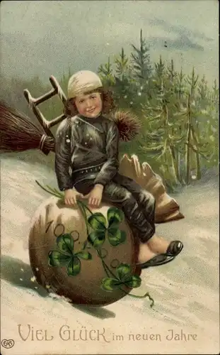 Präge Ak Glückwunsch Neujahr, Schornsteinfeger mit Kleeblättern, Geldsack