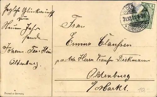 Präge Ak Glückwunsch Neujahr, Schornsteinfeger mit Kleeblättern, Geldsack