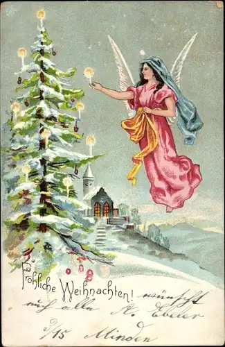Litho Glückwunsch Weihnachten, Engel schmückt Weihnachtsbaum mit Kerzen, Kirche
