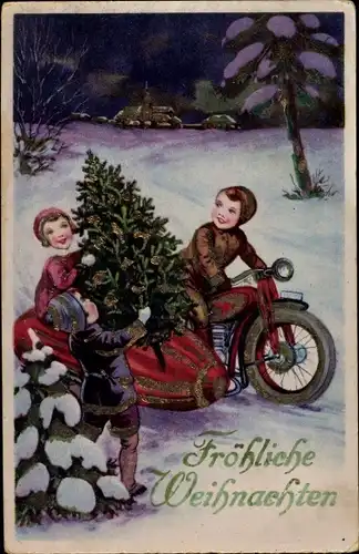 Ak Glückwunsch Weihnachten, Kinder, Tannenbaum, Motorrad