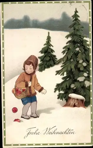 Ak Frohe Weihnachten, Tannenbäume, Mädchen, Äpfel