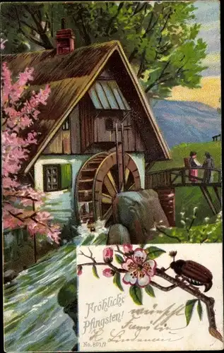 Litho Glückwunsch Pfingsten, Haus, Wassermühle, Maikäfer