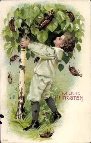 Präge Ak Glückwunsch Pfingsten, Kind schüttelt einen Baum, Maikäfer