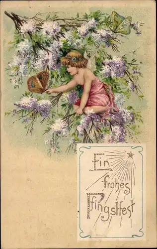 Ak Glückwunsch Pfingsten, Engel am Baum, Schmetterling