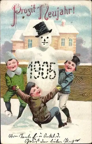 Litho Glückwunsch Neujahr 1905, Jungen tanzen um Schneemann herum