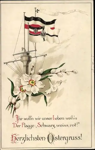 Ak Glückwunsch Ostern, Fahnen, Kriegsschiff, Blumen