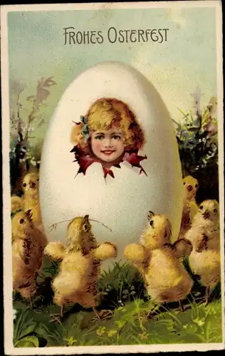 Ak Glückwunsch Ostern, Küken tanzen um ein Osterei herum, Mädchen