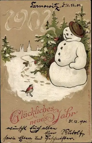 Präge Litho Glückwunsch Neujahr 1902, Schneemann, Pfeife, Rotkelchen, Tannen