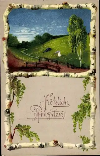 Präge Ak Glückwunsch Pfingsten, Birken, Straße, Brücke