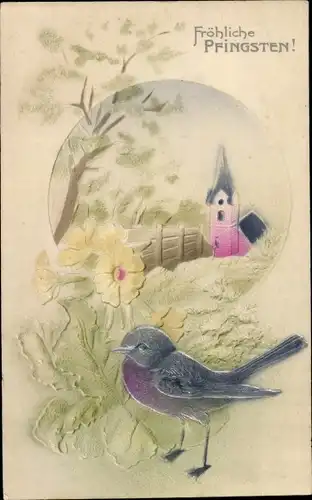 Präge Ak Glückwunsch Pfingsten, Vogel, Blumen, Kirche